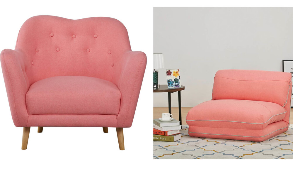 Sillón de tela BOO y Sillón cama de tela LOOP en color pintural coral