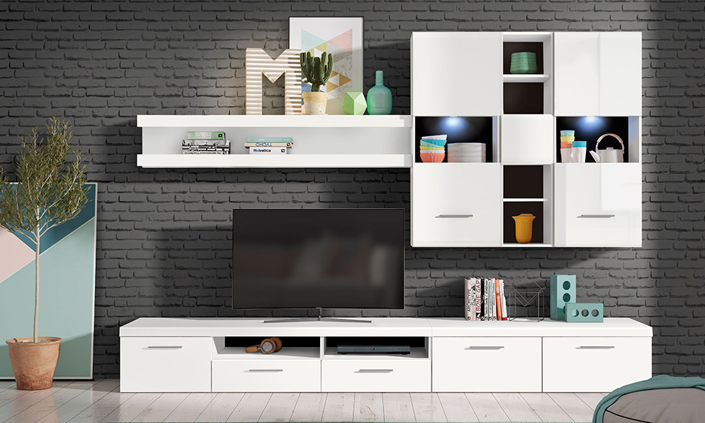 El salón FUSION, con sus líneas sencillas y en color blanco, es una opción ideal para un espacio moderno y minimalista decoración moderna